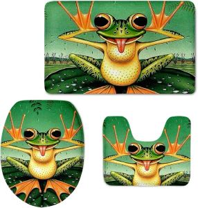 Tapis drôle imprimé grenouille doux confort antidérapant housse de siège de toilette tapis de bain couvercle couverture ensemble complet de 3 pièces tapis