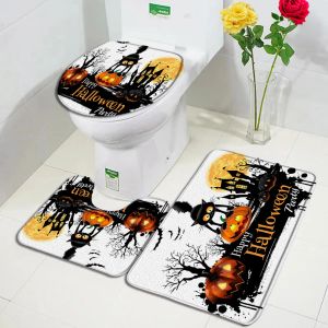 Tapis drôle citrouille chat tapis de bain ensemble dessin animé animal arbre noir château horreur Halloween salle de bain décor tapis antidérapant couverture de couvercle de toilette