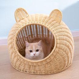 Tapis fait à la main voyage chats lit nid lavable quatre saisons universel mignon forme fermée imitation rotin chats maison solide durable
