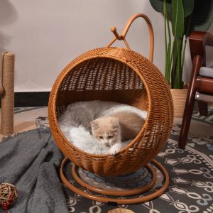 Matten Handgeweven Imitatie Rotan Kattenbed, Comfortabele Kattennestmand, Hangmand Swingend Huisdierhuis, Kattenslaaphangmat met Pluche Mat