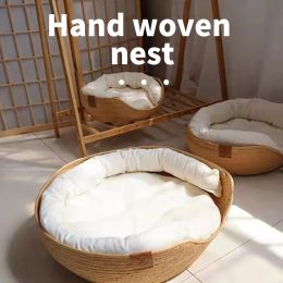 Mats Hanpanda Summer Round Paille Artwing Chog Bed Pet Panier détachable panier de sommeil Deep Pet Kennel Hand Woven Nest Paniers pour dogcat