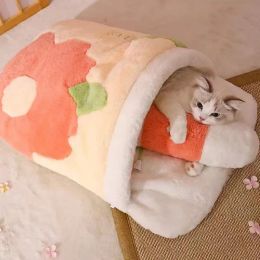 Esteras japonesas Sakura, cama cálida para gatos, saco de dormir para gatos, sueño profundo, casa para perros de invierno, cojín con almohada, productos para mascotas extraíbles