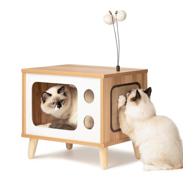 Mats Mewoofun Casa para gatos Cama de condominio de madera Interior en forma de TV Muebles de refugio para gatos grandes y resistentes con cojín Rascador para gatos EE. UU.