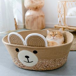 Matten Nieuwe Pet Cat Nest Zomer Kennel Round Handweven draagbare huisdierenmand Cat House Comfortabele en coole slaapkussen Pet Pet Supplies
