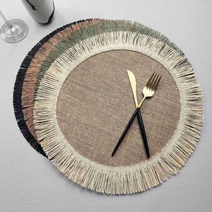 Matten Pads 1pc Jute Placemat linnen ins wind eenvoudige franje kerstronde tafel mat milieubescherming warmte isolatie niet -slip mat z0502