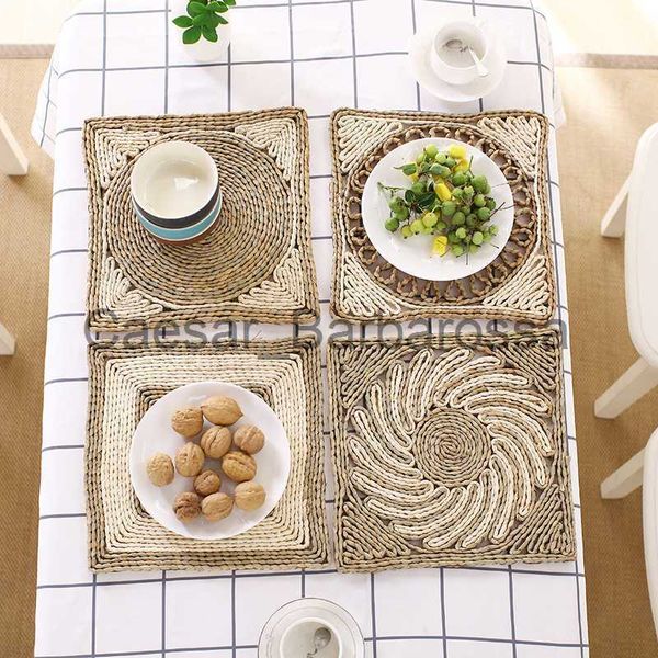 Alfombrillas 1 pieza Mantel de mesa natural Jacinto de agua hecho a mano Mantel tejido Resistente al calor Rectángulo Forma Vintage Trenzado Diseño Vajilla Estera x0715