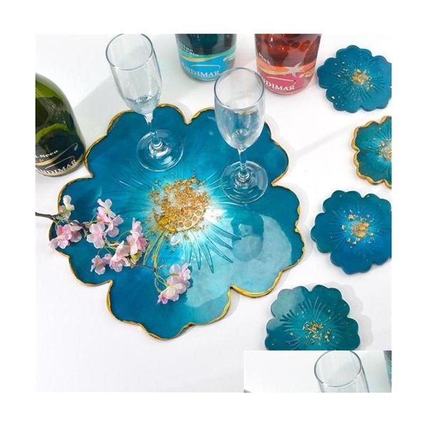 Tapis Pads 1Set DIY Fleur Tasse Moule Cristal Résine Coaster Pétale Support En Verre Sile Plateau Cuisine Couverts Tapis Ensemble Drop Livraison Maison G Dhz1I