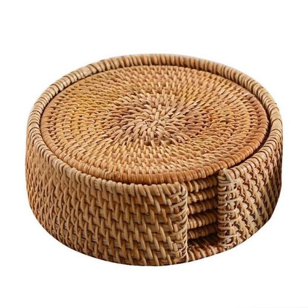 Tapis de tapis 6pcs Sous-verres de tasse en rotin tissé à la main avec panier Napperon antidérapant Plateaux à thé Tasses à café Tapis de table Isolation Table286q