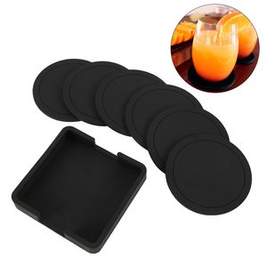 Tapis Tapis 7 pcs Antidérapant Silicone Potable Coaster Set Titulaire Tasse Tapis Noir Rond Home Office Table Décor Pad 230701