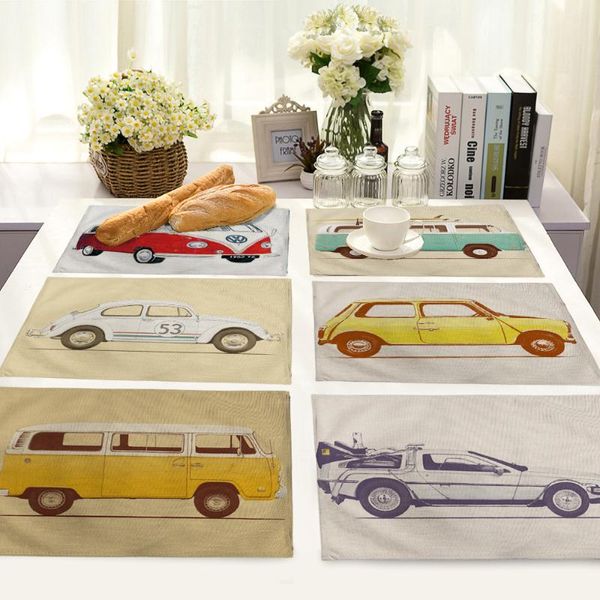 Alfombrillas con diseño de coche Retro de dibujos animados, mantel Individual de lino y algodón para taza de comedor, accesorios de decoración para el hogar y la cocina, posavasos