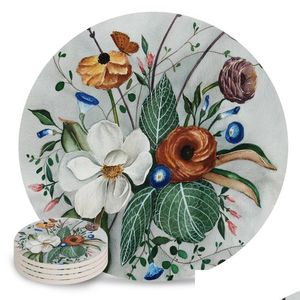 Matten kussens magnolia bloemronde set niet-slip warmtegevoelige keramische koffiedrank onderzetters tafel decoratie placemats drop levering 2021 dhm4b