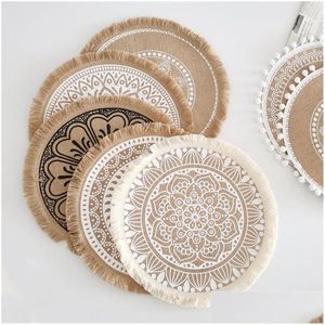 Tapis Coussinets Mandala Rond Lieu Boho Coton Tissé Glands Résistant À La Chaleur Lavable Cercle Napperons Pour Cuisine Table À Manger Drop Deliver Dhc9K