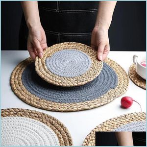 Tapis Pads Moderne Rond Rotin Naturel Dessous De Verre À La Main St Et Coton Corde Mixte Insation Napperons Table Coupe Bol Cuisine Outil Drop Dhz2V