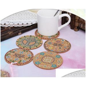 Mats Pads Naturel Liège Résistant À L'humidité Tasse Ronde Dessous De Verre Boire Chaleur Insation À Motifs Porte-Pot Pour Table Drop Delivery Home Dhx01