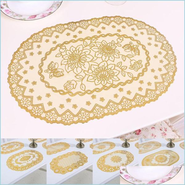 Tapetes Almohadillas Oval Encaje Pvc Oro Plástico Mesa Place Mat Pad Taza de tela Boda Comedor Té Café Mantel Taza Doily Bebida Cocina Drop D Dhcbm