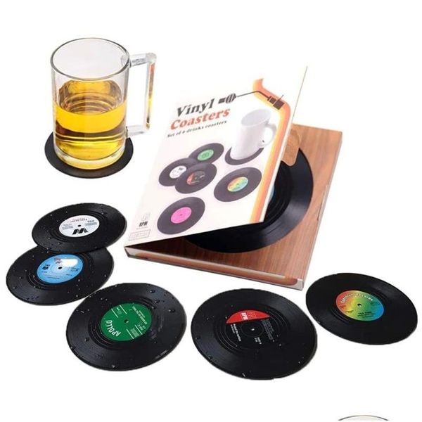 Tapis Tapis En Plastique Rétro Disque Vinyle Tasse Tapis Anti-dérapant Café Coasters Résistant À La Chaleur Musique Boisson Tasse Table Napperon Décor 6pcs / Set Dhscu