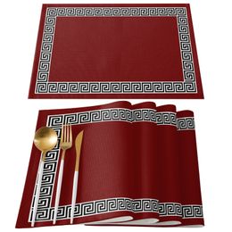Matten Pads Rood Eenvoudig Chinees Patroon Keuken Eettafel Decor Accessoires 4 6 stuks Placemat Hittebestendig Linnen Servies 230627