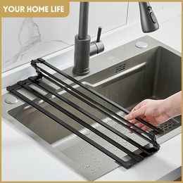 Tapis de séchage à vaisselle enroulable au-dessus de l'évier, pour la cuisine, Portable, pliable en aluminium, sans rouille et moisissure, 230227
