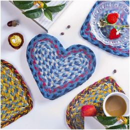 Tapis de table Tapis de table Napperon en forme de coeur Sous-verres en corde pour boissons Tapis d'insation thermique tressé à la main Tapis de tasse super absorbant Accueil K Dhjua