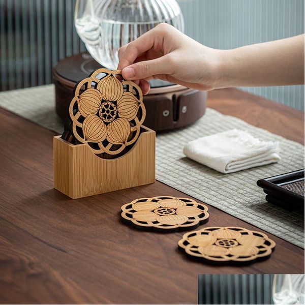 Mats Pads Signo de pared de madera Flor de la vida Forma Posavasos Corte láser Arte de madera DIY Artesanía Fabricación Geometría Adorno Decoración para el hogar Drop Deli Dhirq