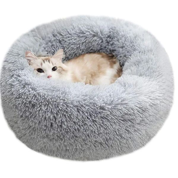 Tapis rond pour animaux de compagnie, lit pour chien et chat, beignet, poils longs, amovible, lavable en Machine, oreiller pour petits animaux de compagnie