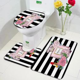 Alfombras Flores rosadas Perfume Alfombras de baño Conjuntos Lápiz labial rosa Negro Blanco Moda a rayas Mujer Decoración del baño del hogar Alfombras antideslizantes Tapa del inodoro