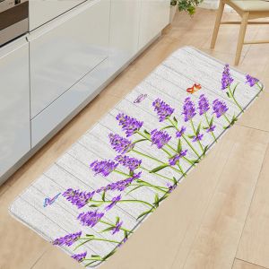 Matten Paarse Lavendel Bloemen Keuken Mat Badmat Houtnerf Achtergrond Vlinder Daisy Bloem Antislip Deurmat Home Decor Vloerkleed