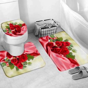 Ensemble de tapis de bain à fleurs de roses rouges, champs de fleurs fraîches et plantes de jardin, couvercle de toilette antidérapant, tapis de sol, ensemble d'accessoires de salle de bain