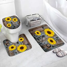 Matten Rustieke Zonnebloem Badmat Set Vintage Boerderij Schuur Houten Plank Bloemen Thuis Tapijt Badkamer Decor Antislip Tapijten Toilet Deksel Cover