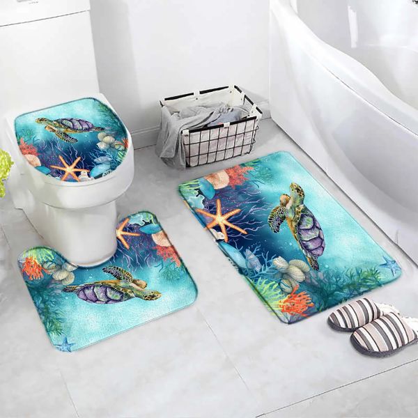 Esteras Alfombra de baño de tortuga marina Conjunto de estrellas de mar Coral Acuarela Océano Animal Decoración del baño del hogar Alfombra de franela Alfombra antideslizante Tapa del inodoro