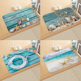 Tapis de bain en filet de pêche en forme d'étoile de mer, tapis de plage, planche de bois, tapis bleu, paysage de conque, coussin de pied, paillasson de salle de bain antidérapant pour la maison