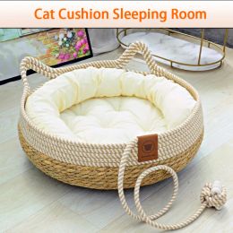 Tapis d'été pour chat, lit tissé, rembourrage amovible, maison de couchage, sol à gratter, rotin, résistant à l'usure, lavable, fournitures pour animaux de compagnie