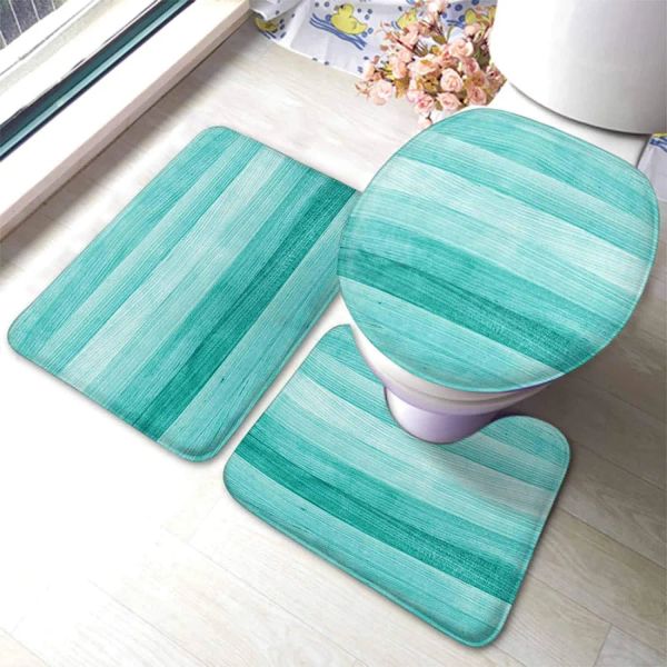 Ensembles de tapis et tapis de salle de bain, bleu sarcelle ou vert Turquoise, 3 pièces, Texture de fond en bois, tapis de bain, contour en forme de U, tapis de douche, toilettes