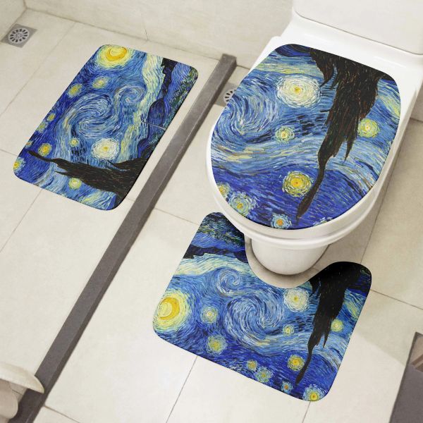 Juego de alfombrillas para inodoro 3D, pintura al óleo de Van Gogh, girasol, noche estrellada, alfombras para el suelo, baño, ducha, franela, alfombra antideslizante, cojín para inodoro