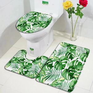 Tapis Feuilles Tropicales Tapis De Bain Ensemble Vert Aquarelle Feuille De Palmier Monstera Plante Maison Tapis Salle De Bain Décor Tapis Antidérapant Couvercle De Toilette Couverture