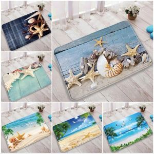 Tapis Vintage Blue Board coquillage étoile de mer tapis de bain plage océan palmiers Nature paysage porte tapis chambre salle de bain décor tapis antidérapant