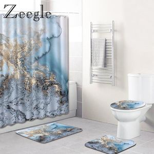 Mats Zeegle Tapis de salle de bain à motif marbre avec rideau de douche, tapis antidérapant, couvercle de toilette, tapis de bain avec rideau de douche