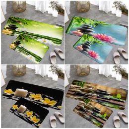 Alfombrillas Zen Green Bamboo Kitchen Floor Mat Set Vela de loto Masaje negro Piedra Spa Scenic Decoración de la habitación del hogar Alfombra antideslizante Alfombras de baño