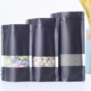 Bolsa de papel con ventana esmerilada de pie, color negro mate, para aperitivos, galletas, té, café, bolsa de embalaje, bolsas de regalo Doypack