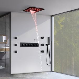 Mat Black 5 Functies Douchekranen Regen Waterfall Hoogstroom Thermostatische doucheset