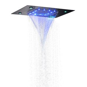 Grifos de ducha negros mate de 50x36 CM, nuevo diseño, 7 colores LED, cabezal de ducha de lluvia en cascada bifuncional para baño