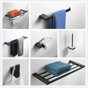 Ensembles de quincaillerie de bain noir mat porte-serviettes étagère d'angle porte-papier porte-serviettes ensemble de matériel de salle de bain en acier inoxydable LJ201211