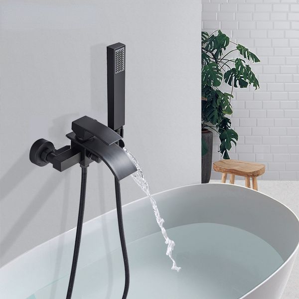 Robinet de baignoire de salle de bain noir mat mitigeur bec cascade avec douchette eau chaude froide mitigeur robinet de bain mural
