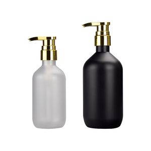 Mat zwart/doorzichtige plastic fles 300 ml 10 oz 500 ml 16oz navulbare dispenser container met gouden pomp voor shampoo lotion huidverzorging serum douchegel