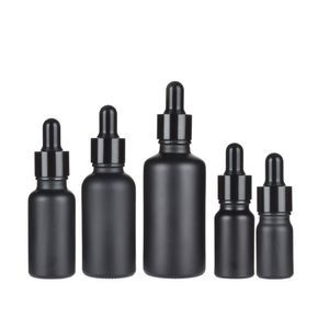 Mat zwart glas essentiële olieflessen oogdruppel fles met glanzende geanodiseerde aluminium dop 5 ml 10 ml 15 ml 30 ml 50 ml 100 ml