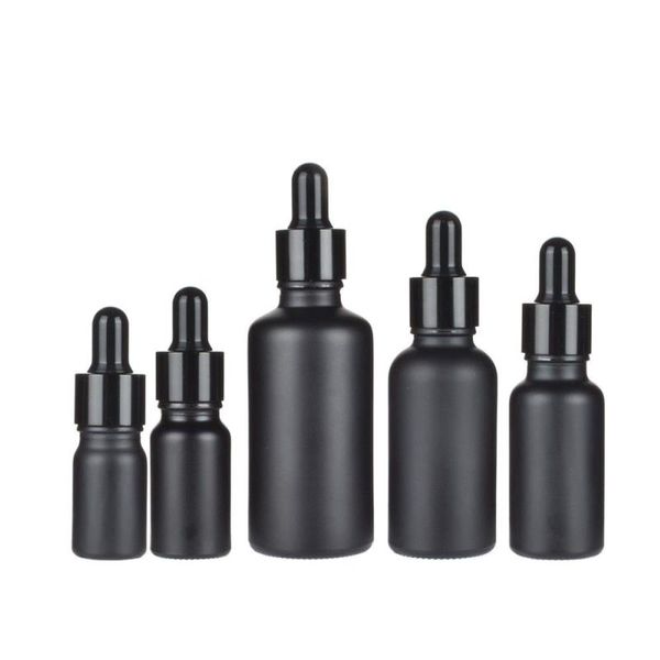 Botellas de aceite esencial de vidrio negro mate Frasco cuentagotas con tapa de aluminio anodizado brillante 5ml 10ml 15ml 30ml 50ml 100ml Xskno