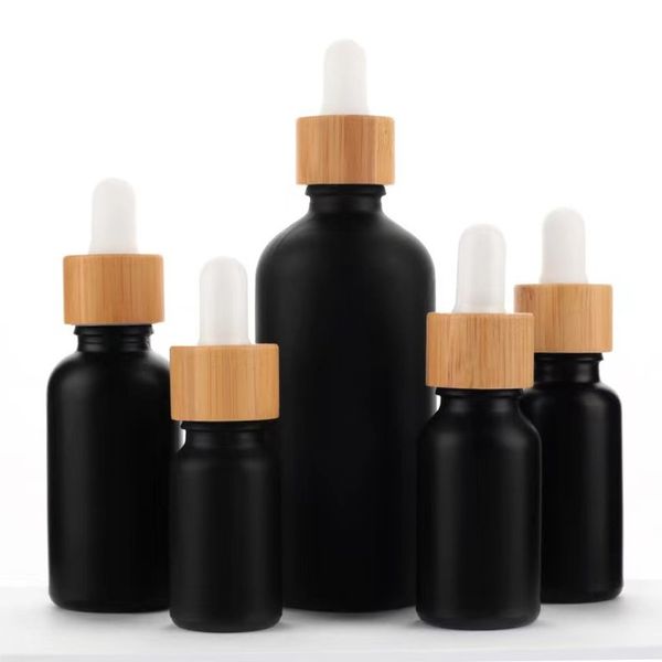 Bouteilles d'huile essentielle en verre noir mat, flacon compte-gouttes de sérum de soins de la peau avec Pipette en bambou 10ml 15ml 20ml 30ml 50ml 100ml