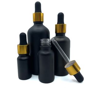 Bouteilles d'huile essentielle en verre noir mat avec bouchon compte-gouttes doré, bouteille de sérum de soins de la peau de 5ml 10ml 15ml 20ml 30ml 50ml 100ml
