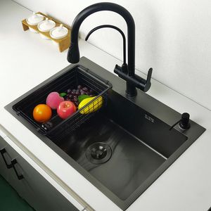 matte black kitchen sink above counter or udermount vegetable washing basin sinks dark grey stainless steel seamless welding pia