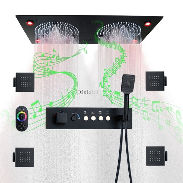 Sistema de ducha LED negro mate, cabezal de ducha de lluvia de 620x320MM con altavoz musical, juego de Grifo de ducha de baño termostático